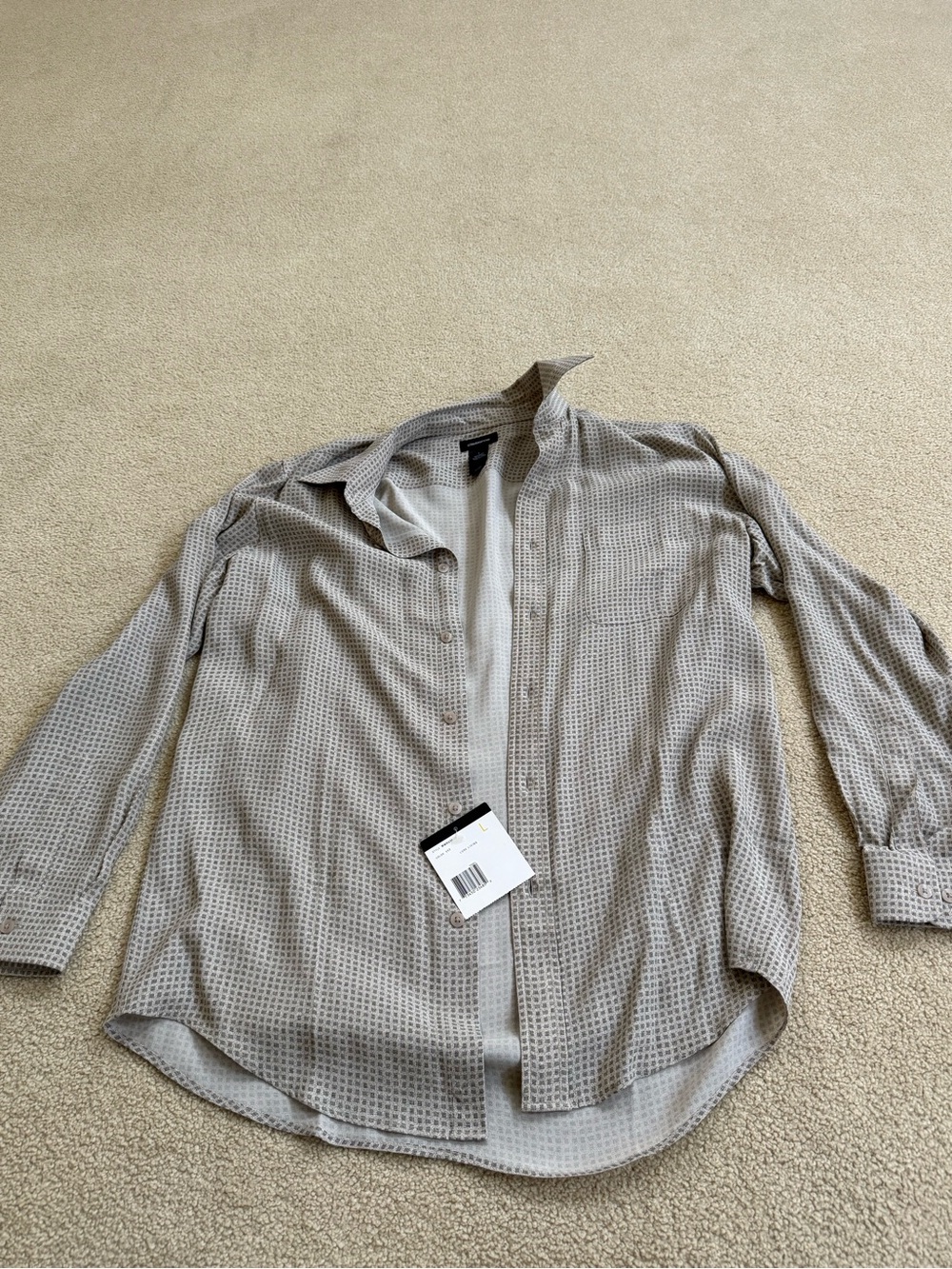 Claiborne Light Beige Grid-Pattern Long Sleeve Shirt